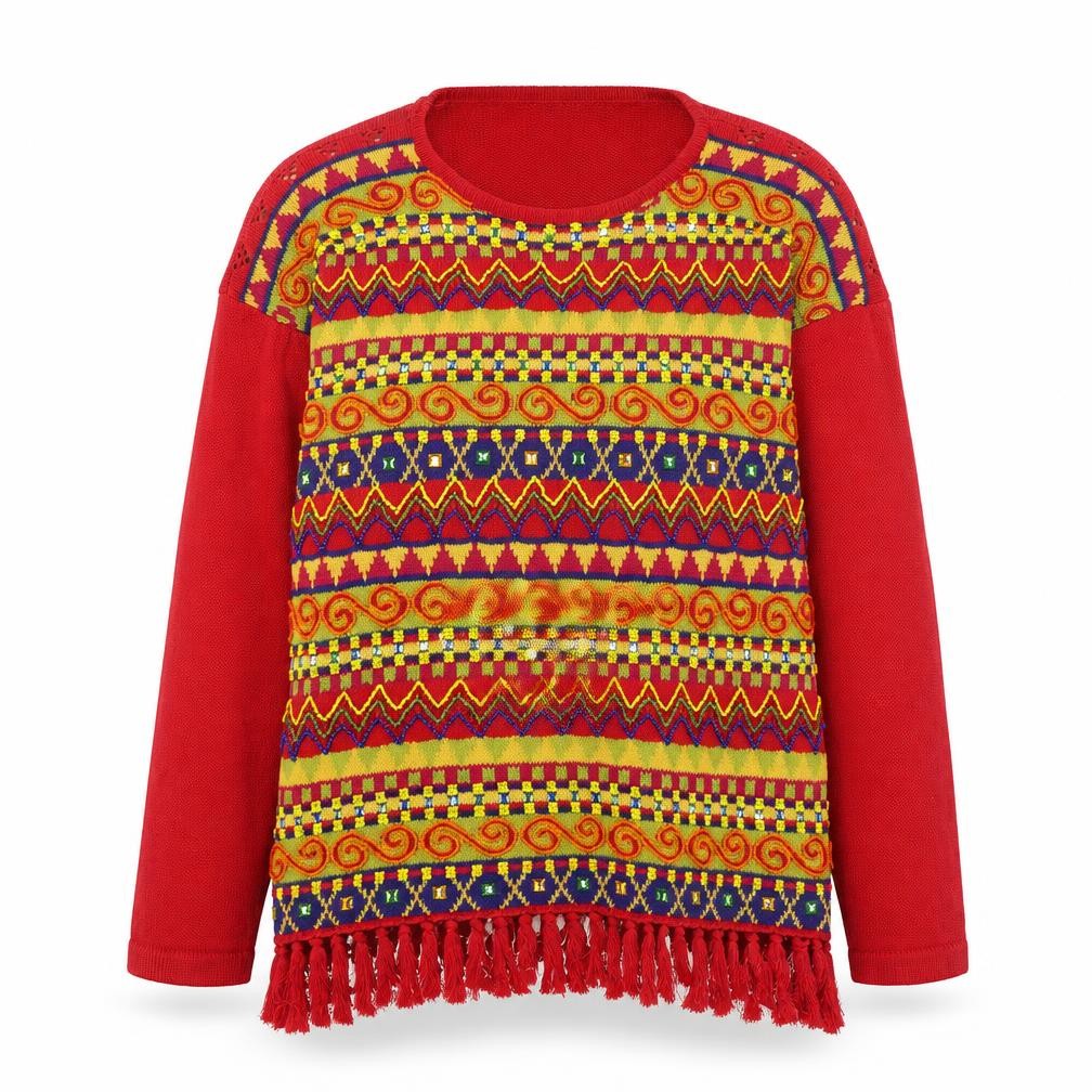 Cedarwood State Womens Red Multicoloured Knit Fringe Jumper Size M
