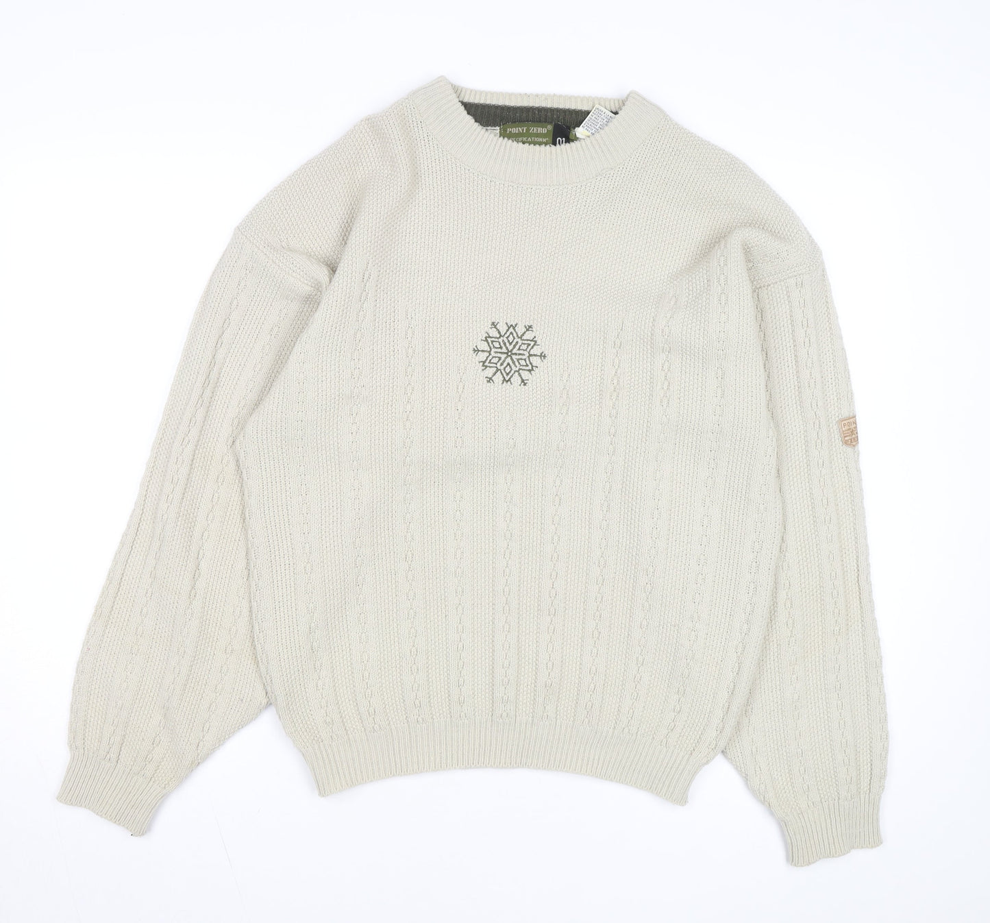 Point Zero Men Beige Crew Neck Cable-Knit Jumper M