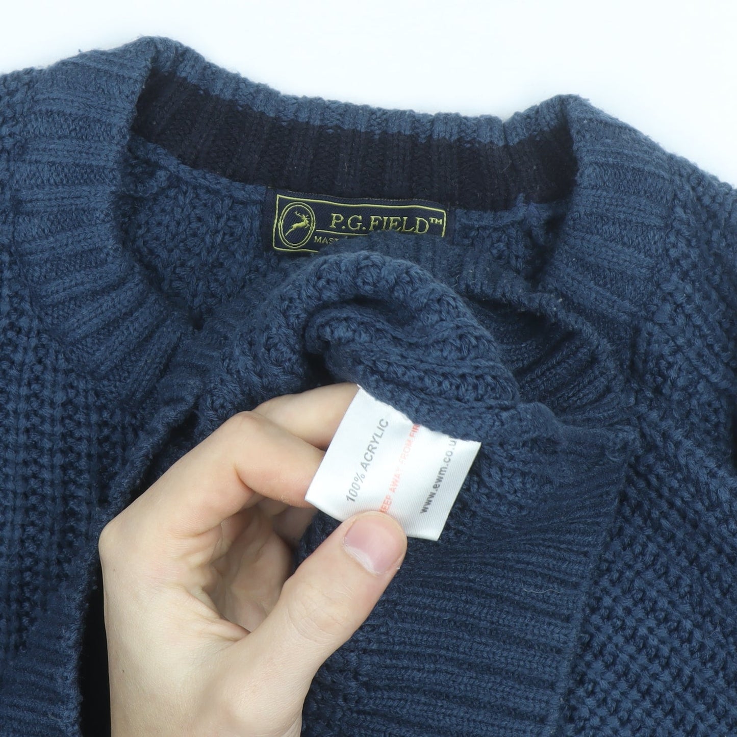 P.G. Field Men's Blue Chunky Knit Acrylic Crew Neck Jumper Size S