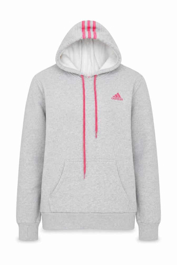 Adidas Womens Grey Hoodie Size L 16-18 Pullover Pink Logo Sportswear