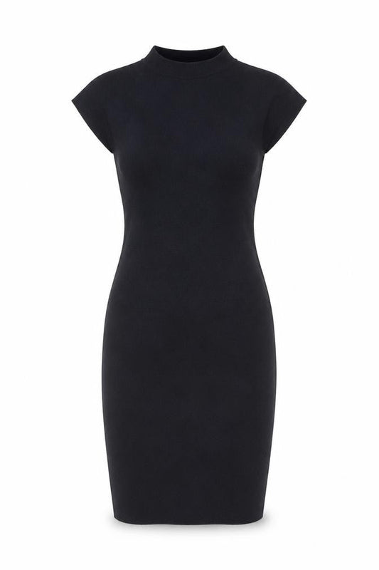 Zara Women Black Bodycon Knit Short Sleeve High Neck Dress S