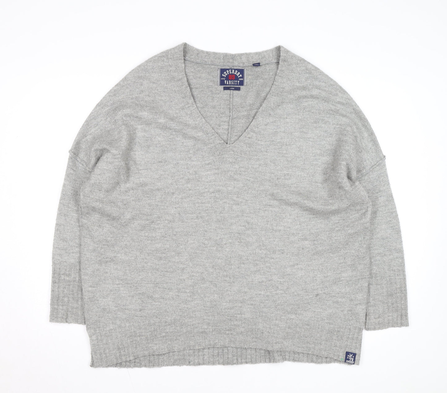 Superdry Women's Grey Wool Blend V-Neck Relaxed Fit Jumper L