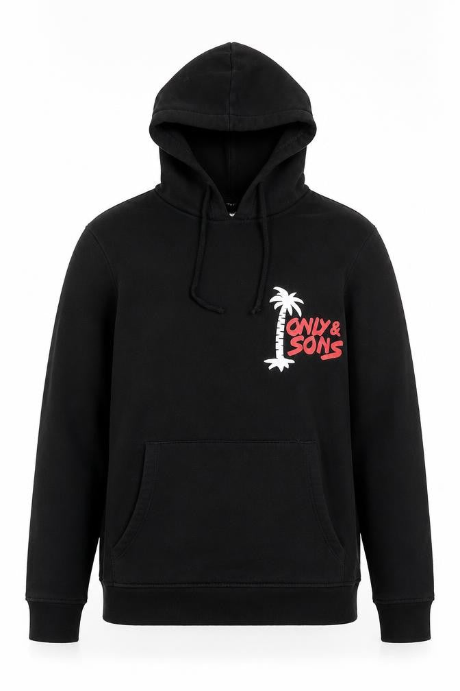 Only & Sons Men’s Black Pullover Hoodie Small Graphic Print Fleece