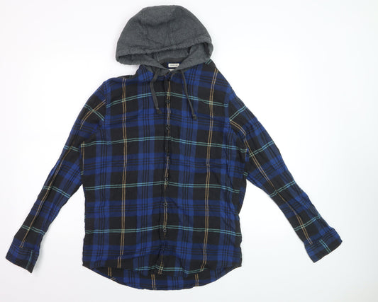 American Eagle Outfitters Men's Blue Plaid Flannel Hooded Button-Up Shirt M