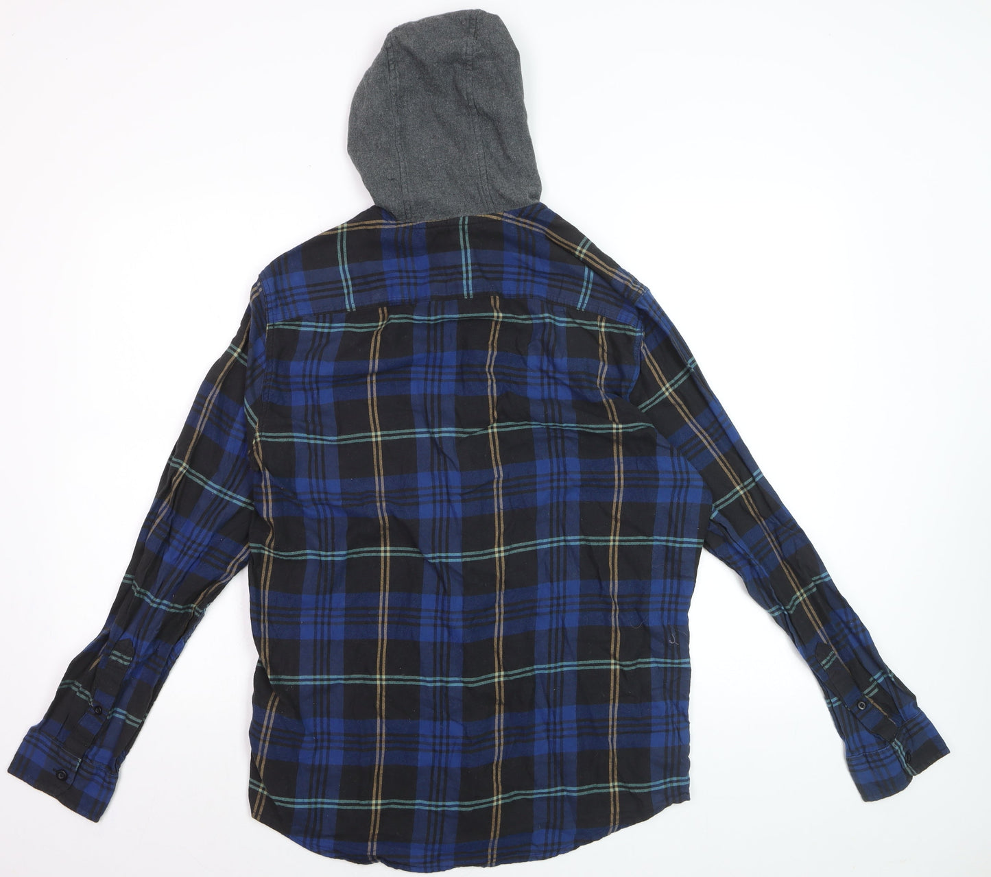 American Eagle Outfitters Men's Blue Plaid Flannel Hooded Button-Up Shirt M