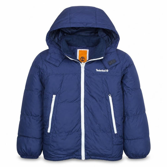 Front view of Timberland boys’ blue hooded puffer jacket, size 12, years winter coat