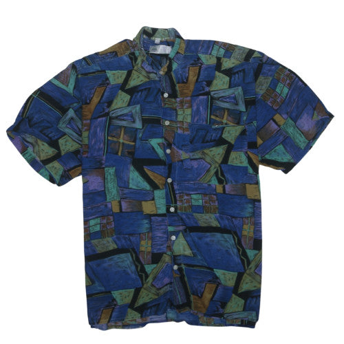 New Fast Men's Blue Geometric 90s Retro Short Sleeve Button-Up Shirt L