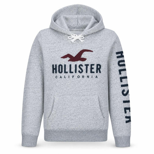 Hollister Men's Grey Pullover Hoodie M Logo Fleece Sweatshirt