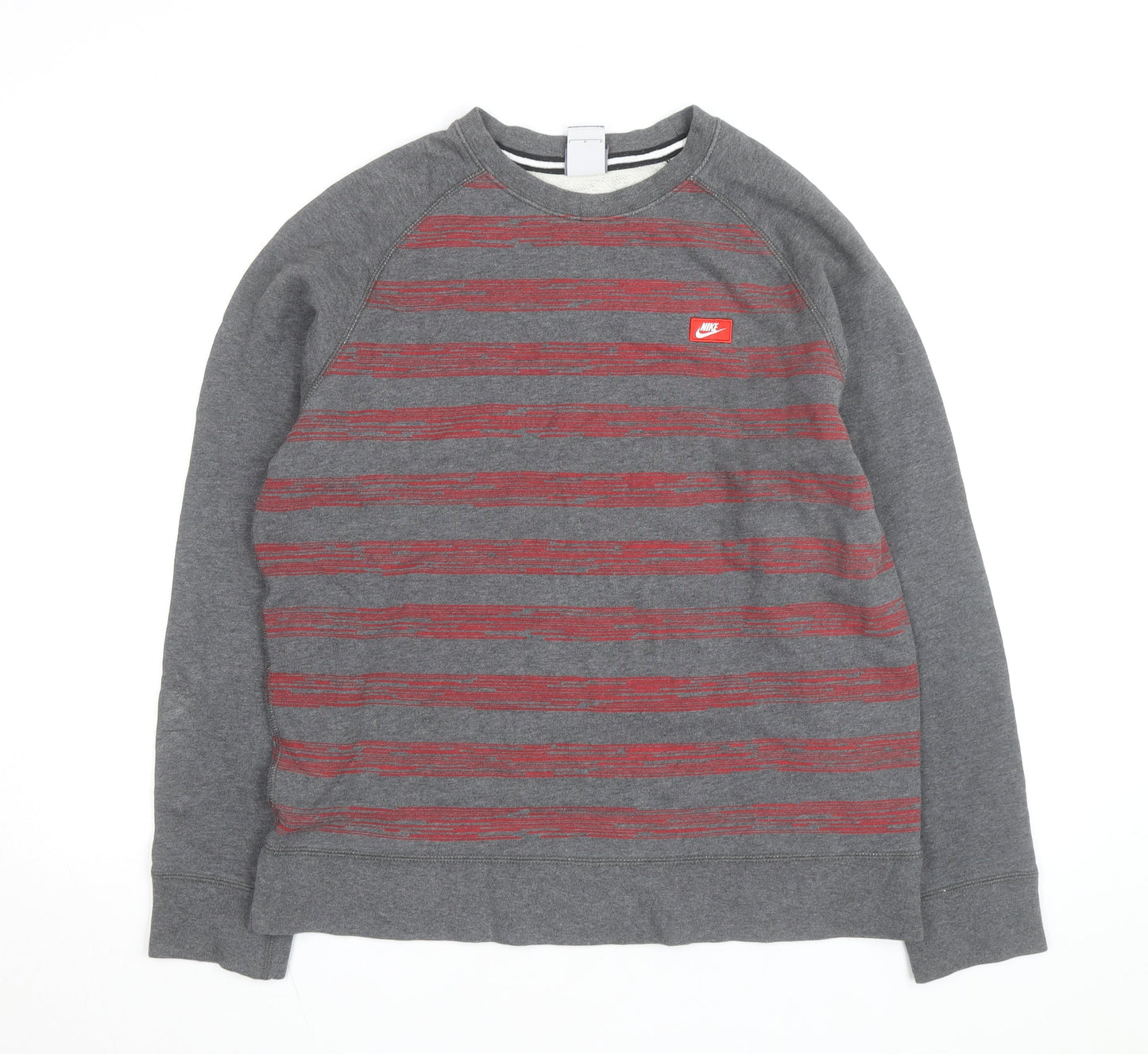Nike Mens Grey Red Striped Crew Neck Pullover Sweatshirt L