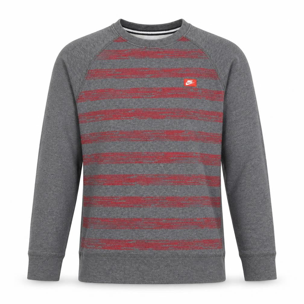 Nike Mens Grey Red Striped Crew Neck Pullover Sweatshirt L