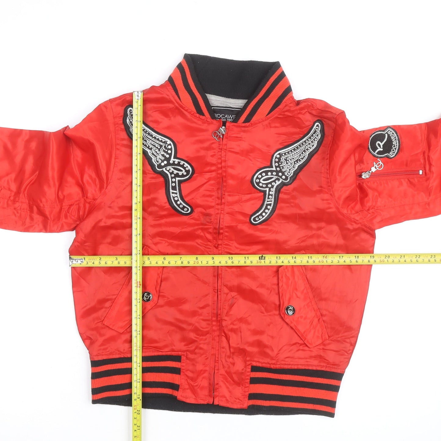 Rocawear Women's Red Bomber Jacket M Embroidered Studded Zip Satin