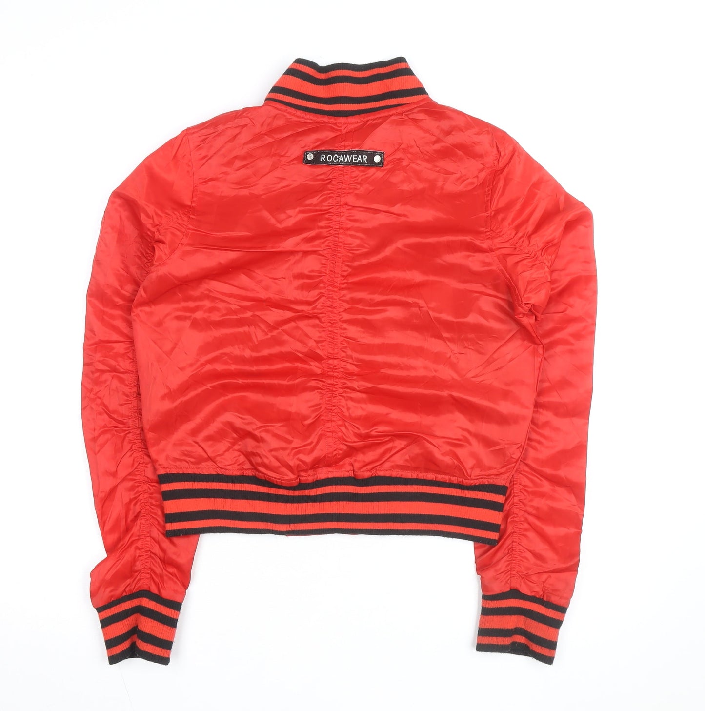 Rocawear Women's Red Bomber Jacket M Embroidered Studded Zip Satin