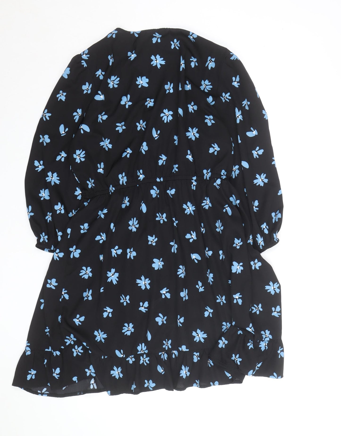 New Look Women Black Blue Floral Wrap Dress Size 16 V-Neck Long Sleeve