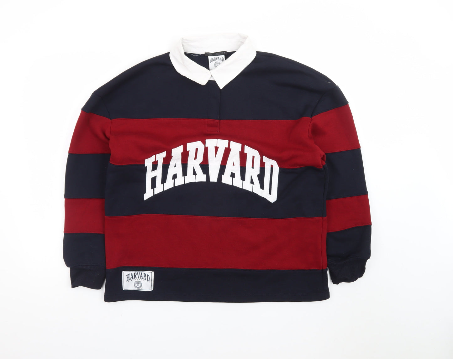 Zara Men Red & Navy Harvard Rugby Sweatshirt S Collared Striped Logo