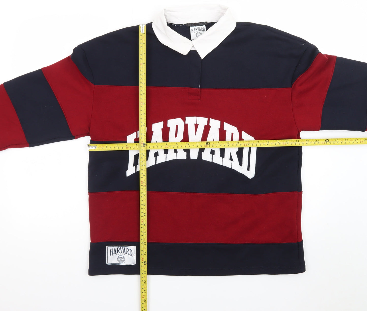 Zara Men Red & Navy Harvard Rugby Sweatshirt S Collared Striped Logo