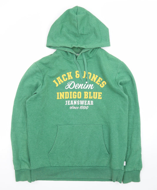 Jack & Jones Men Green L Pullover Hoodie Graphic Print Fleece