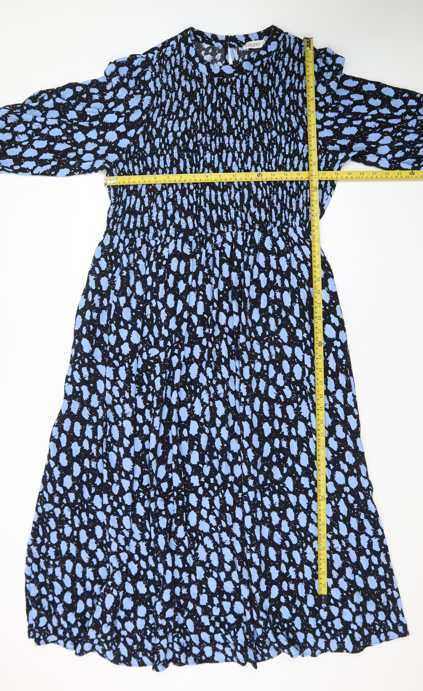 Gallery Women's Blue Abstract Midi Smocked Fit & Flare Dress UK18
