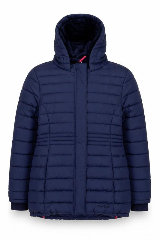 Front view of Peter Storm girls’ blue hooded puffer jacket 11-12 years winter coat