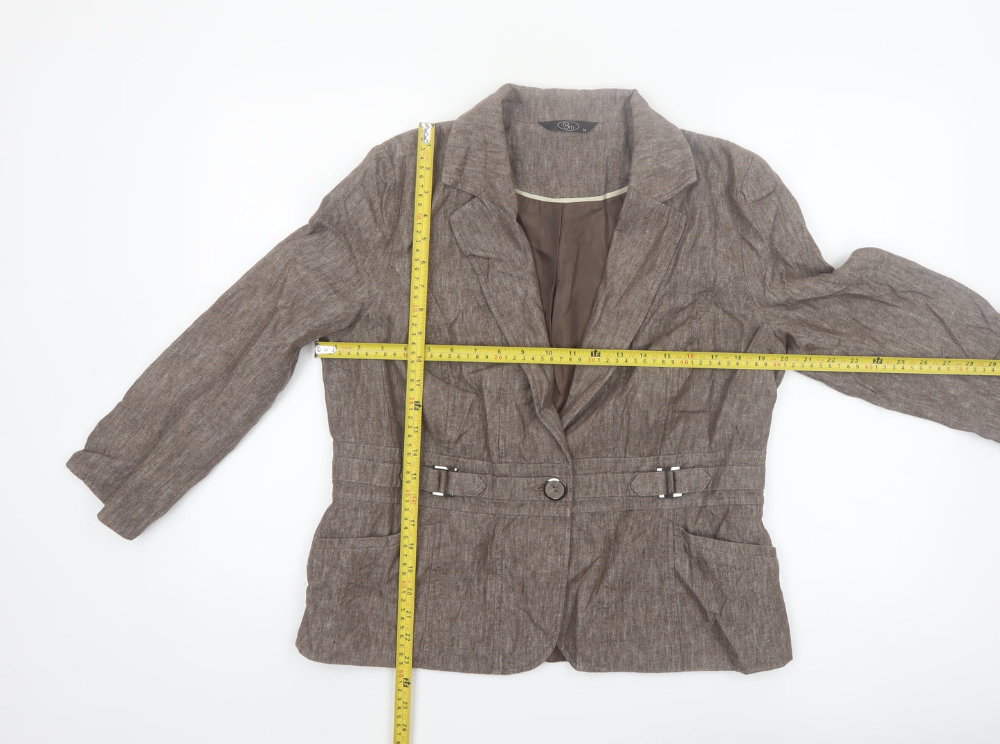 BM Women Brown Linen Blend Belted Single-Breasted Blazer Size 16