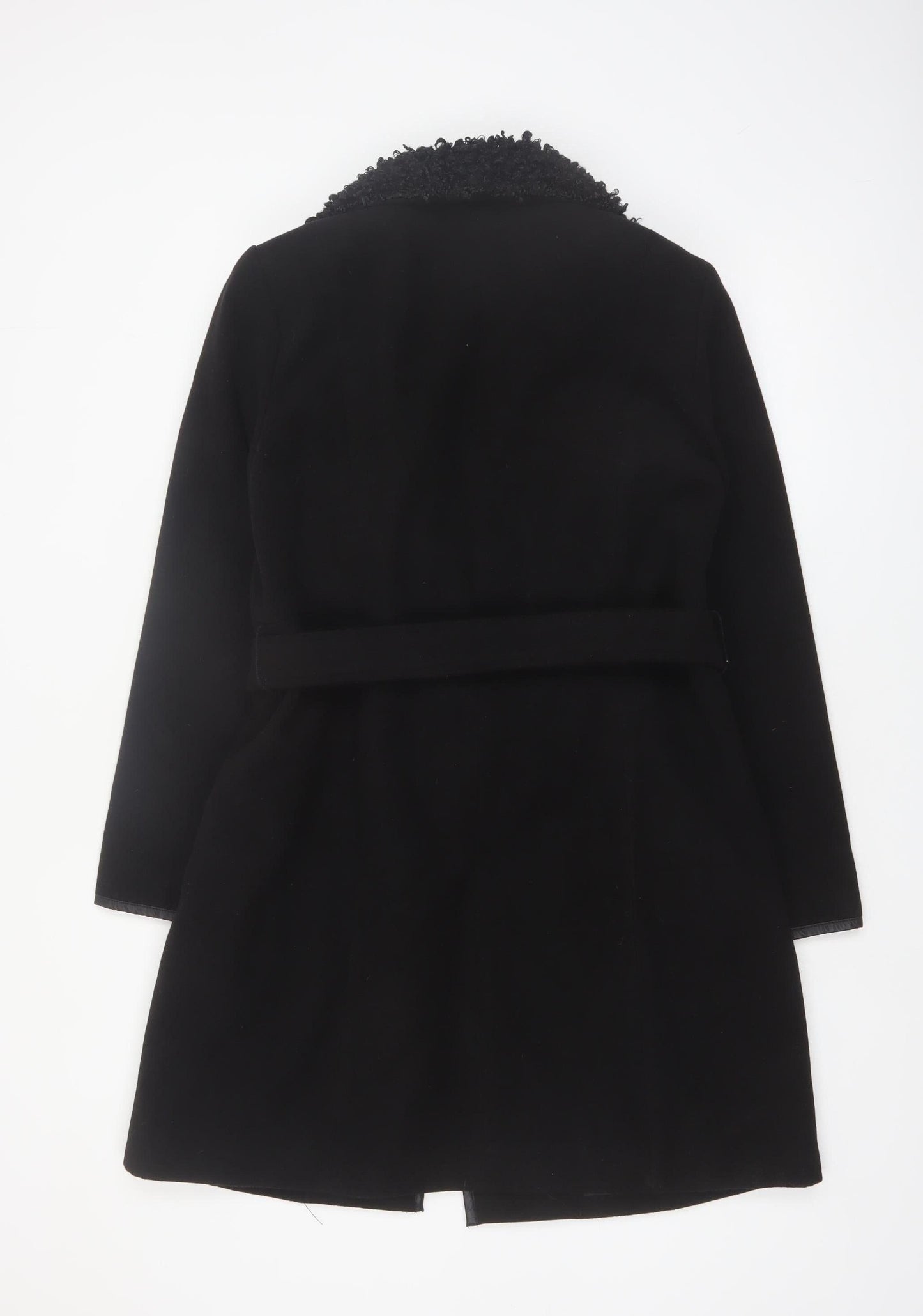 Klass Womens Black Long Belted Faux Fur Collar Overcoat Size 12