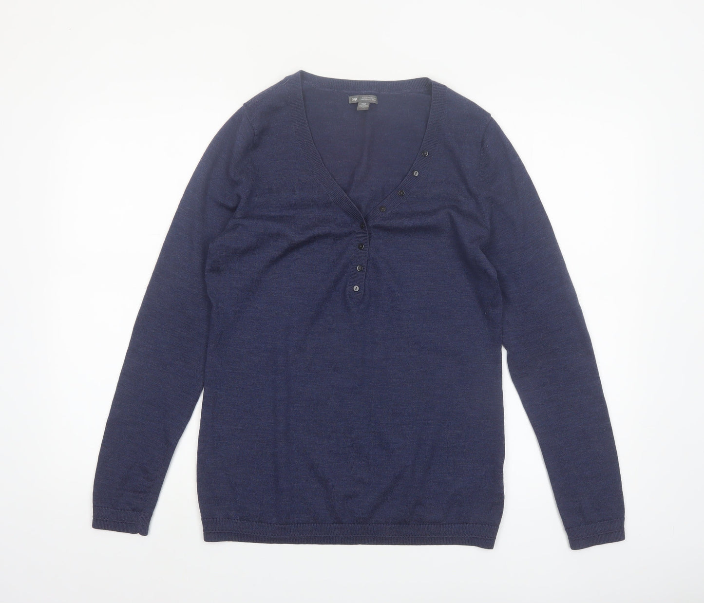 Gap Women's Blue Merino Wool Henley Jumper M V-Neck Long Sleeve