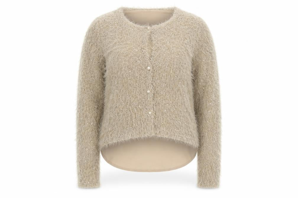 Koan Women Beige Sequin Fuzzy Knit Cardigan Jumper M