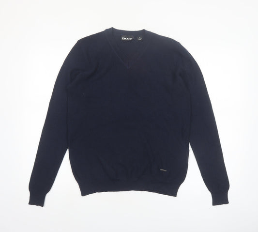 DKNY Men's Blue Wool Blend V-Neck Jumper M Classic Knit