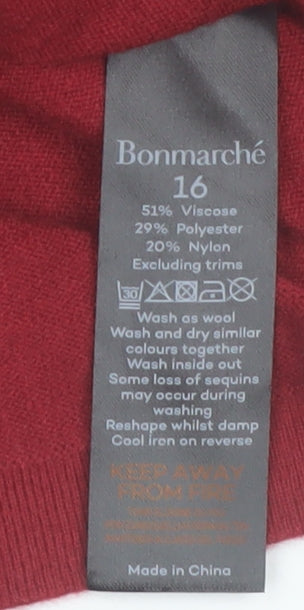 Bonmarché Women's Red Sequin Pullover Jumper Size 16