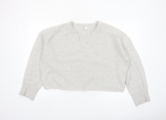 Hollister Women Grey Wool Blend V-Neck Relaxed Fit Jumper Size S