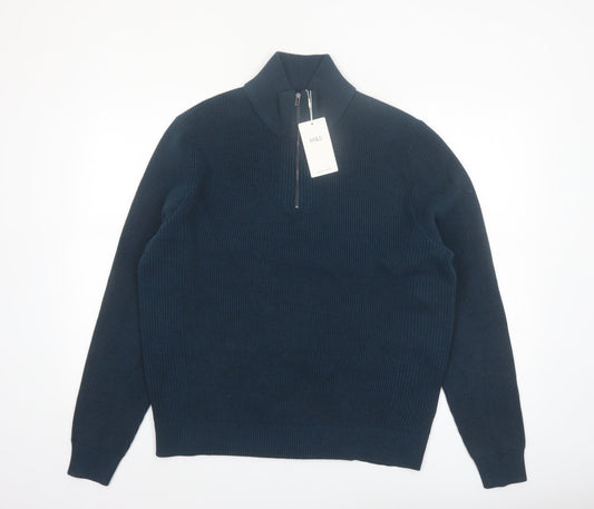 Marks and Spencer Men’s Blue Cotton Blend 1/2 Zip Jumper L Regular