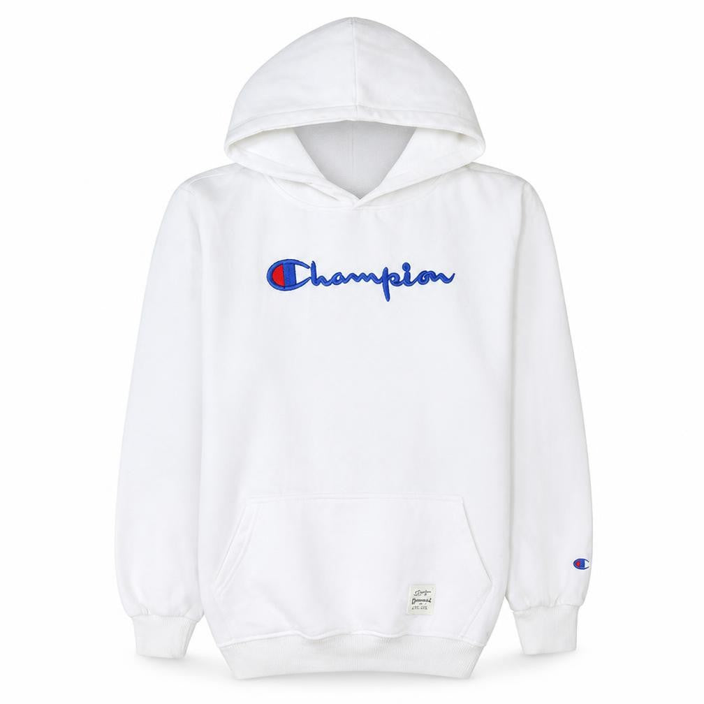 Champion Mens White Pullover Hoodie L Embroidered Logo Fleece