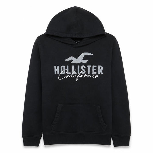 Hollister Men Black Small Pullover Hoodie Graphic Fleece