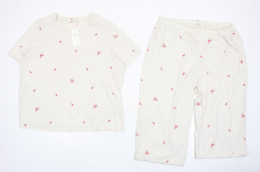 Marks and Spencer Women Ivory Cotton Cherry Print Pyjama Set L