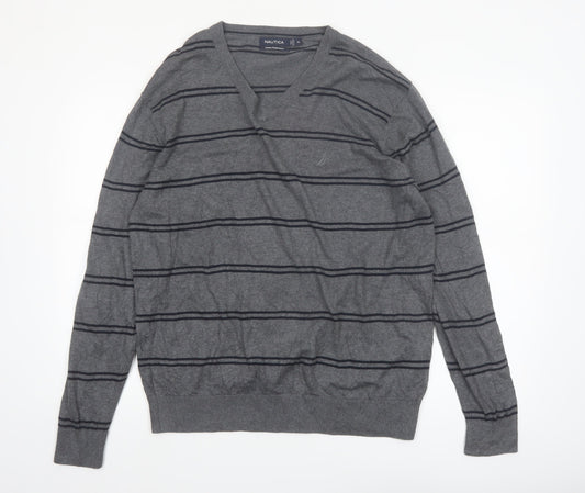 Nautica Men's Grey Striped V-Neck Cotton Modal Jumper XL