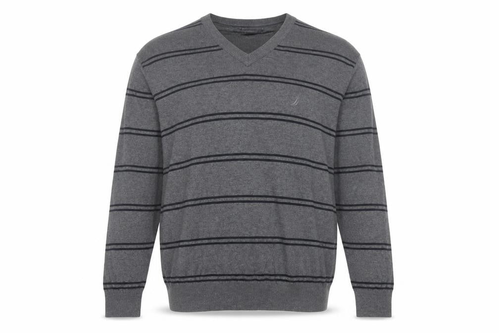 Nautica Men's Grey Striped V-Neck Cotton Modal Jumper XL