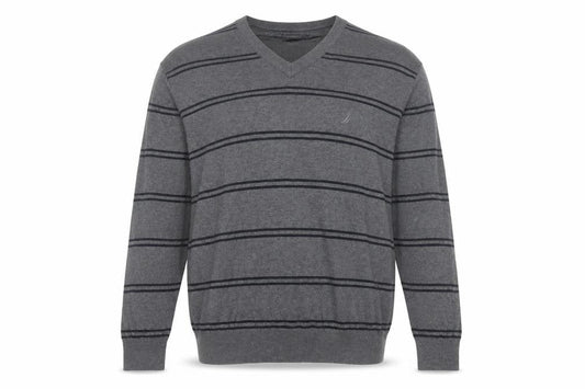 Nautica Men's Grey Striped V-Neck Cotton Modal Jumper XL