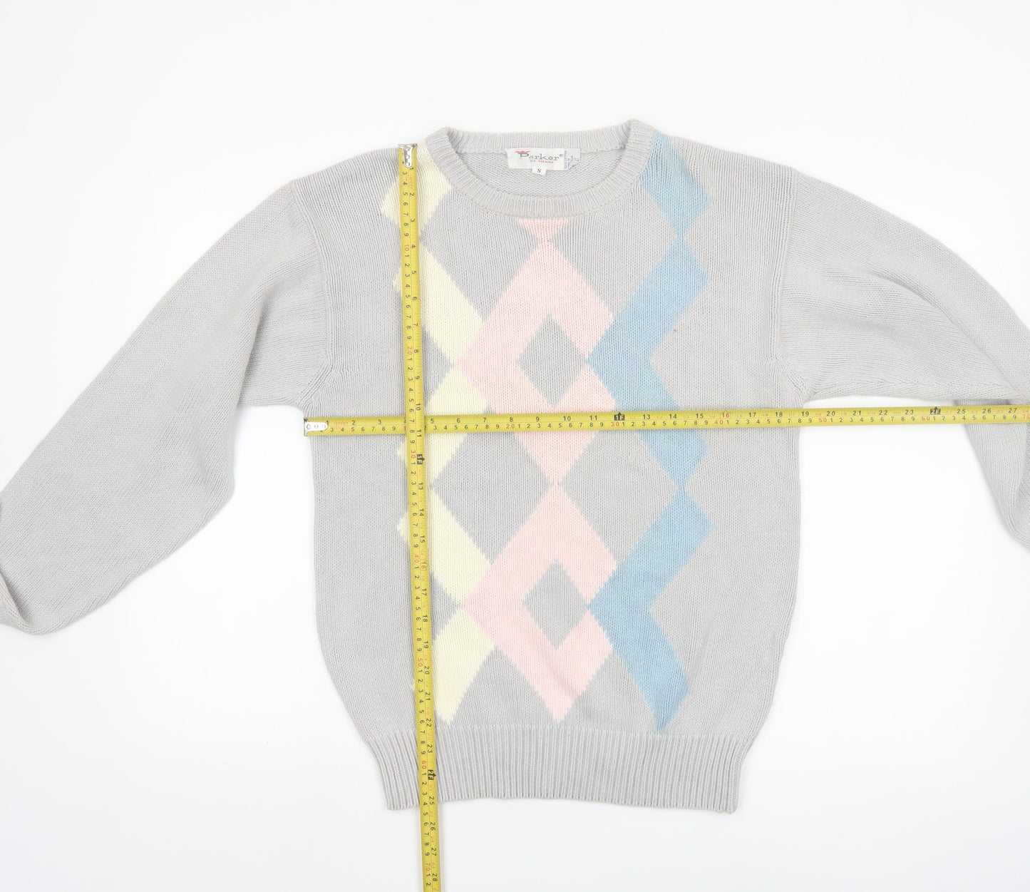 Parker of Vienna Women's Grey Argyle Cotton Crew Neck Jumper S