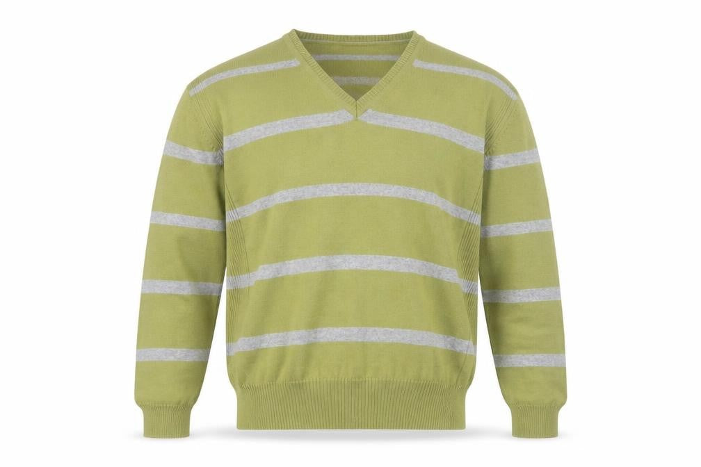 Emidio Tucci Men's Green Striped V-Neck Cotton Jumper Size L