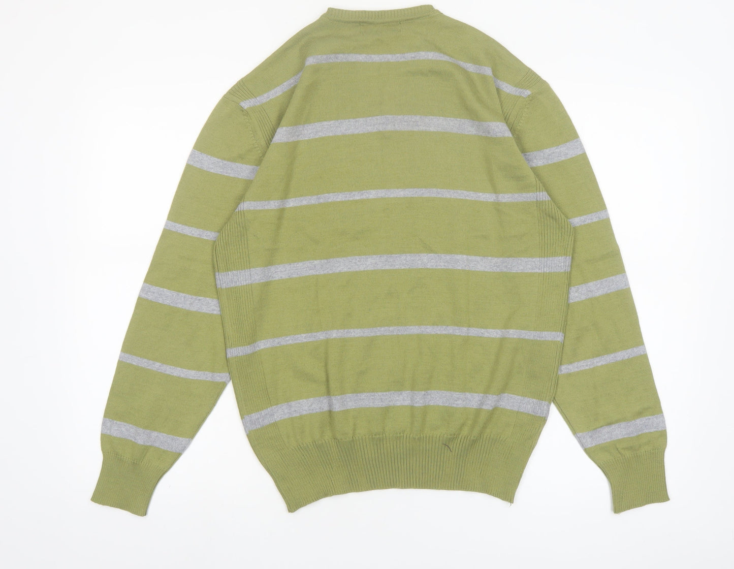 Emidio Tucci Men's Green Striped V-Neck Cotton Jumper Size L