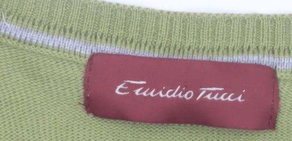 Emidio Tucci Men's Green Striped V-Neck Cotton Jumper Size L