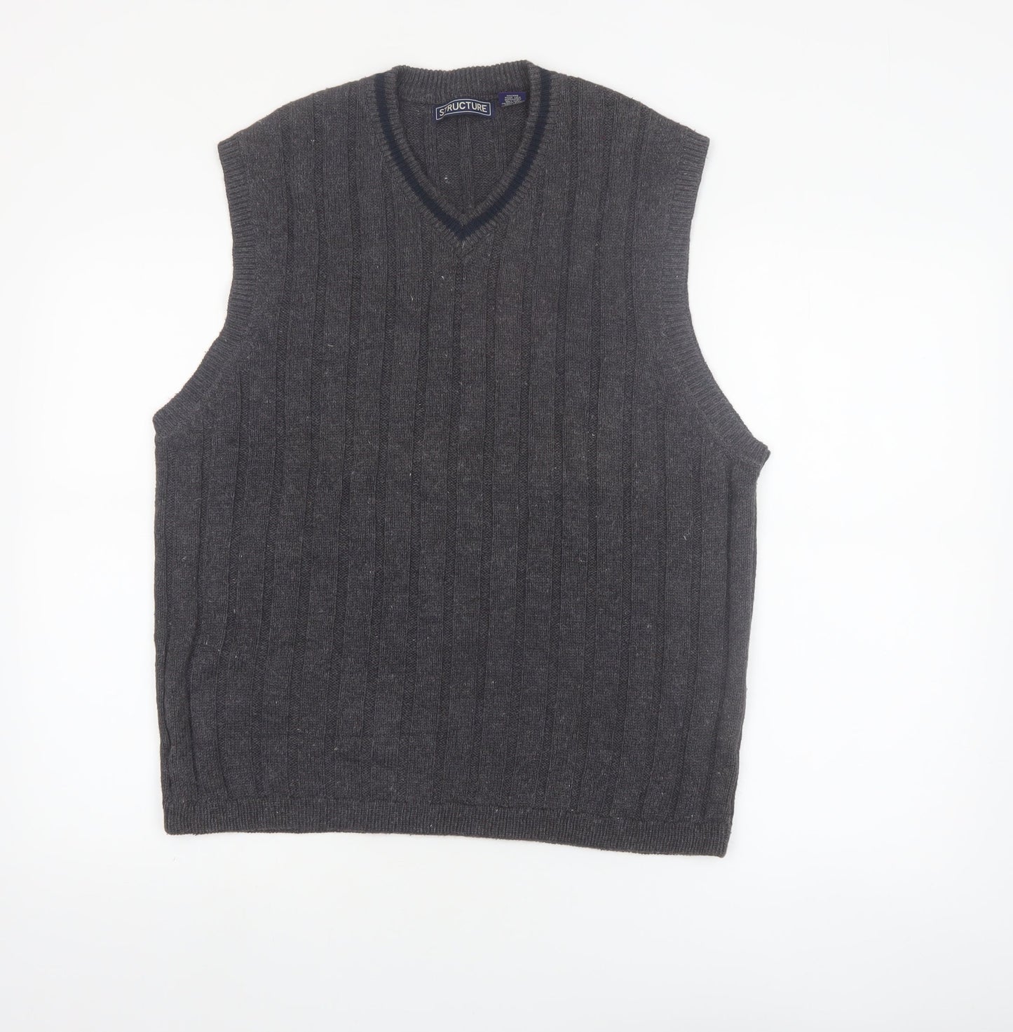 Structure Men's Grey Cable-Knit Vest Jumper L Ramie Cotton Classic