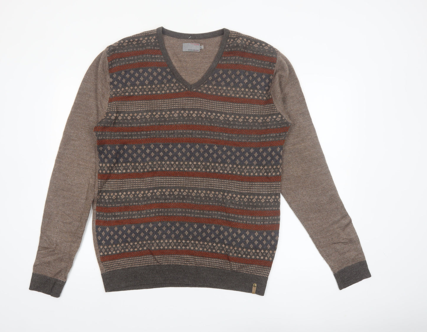 Peter England Men's Brown Fair Isle V-Neck Jumper XL