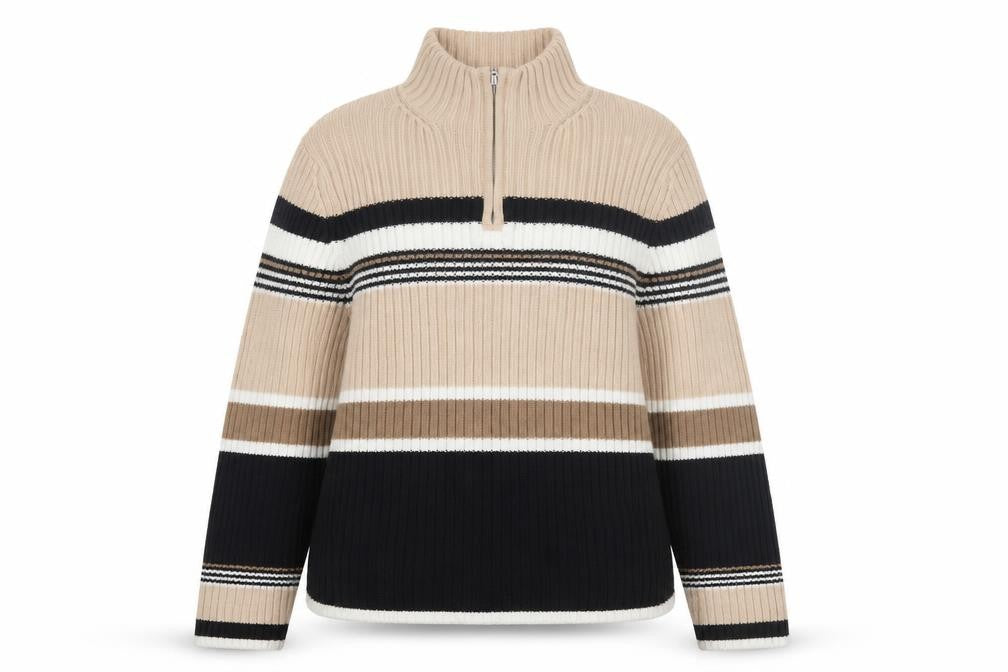St. John's Bay Women Beige Striped Cotton Half Zip Jumper L