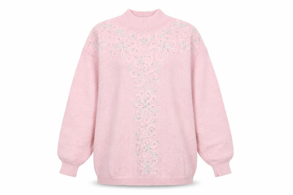 Jaclyn Smith Women's Pink Embroidered Mock Neck Knit Jumper L
