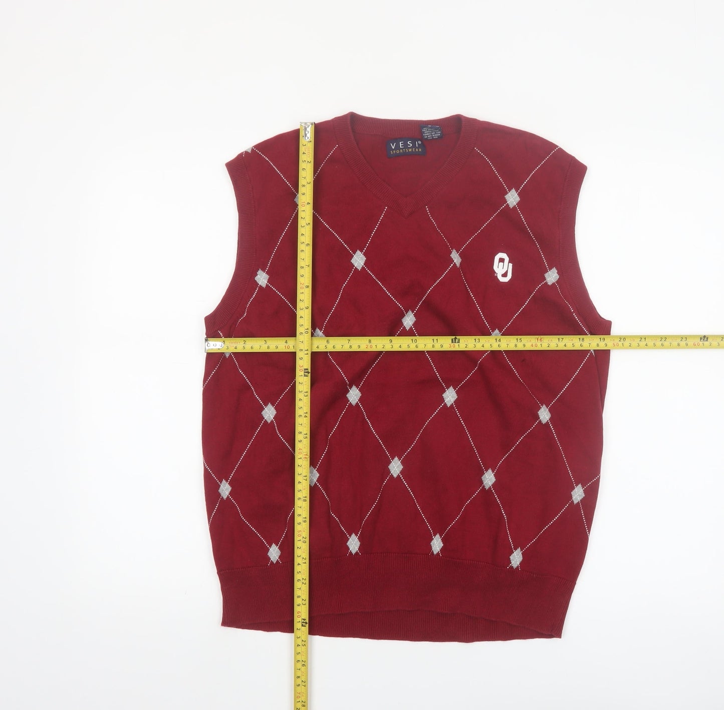 Vesi Sportswear Men's Red Argyle V-Neck Cotton Vest Jumper M