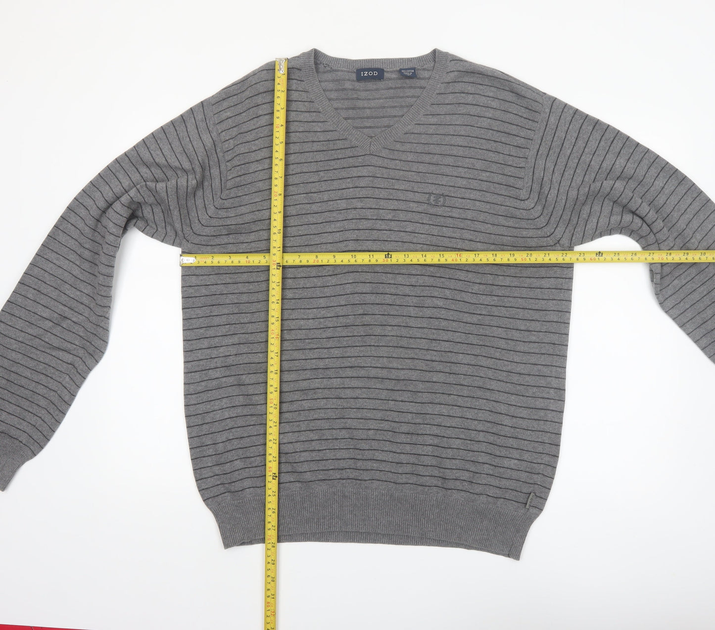 IZOD Men's Grey V-Neck Striped Cotton Jumper L