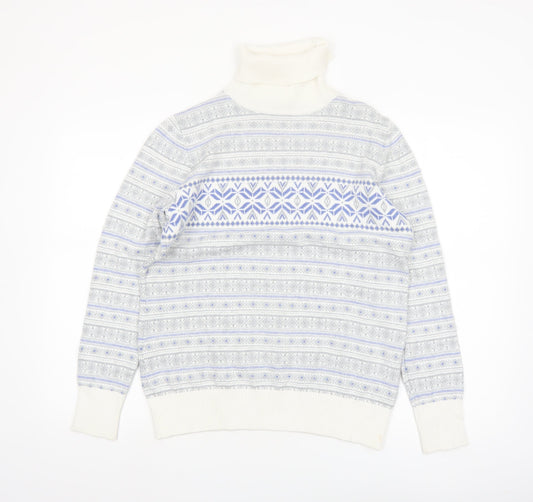 L.L.Bean Men’s Grey Fair Isle Roll Neck Cotton Cashmere Jumper M