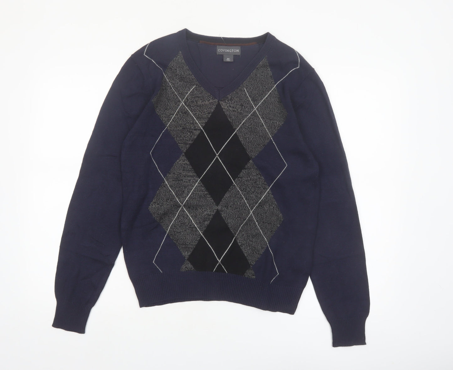 Covington Men's Blue Argyle V-Neck Cotton Blend Jumper Size S