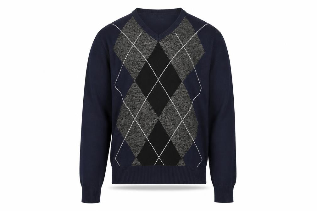 Covington Men's Blue Argyle V-Neck Cotton Blend Jumper Size S