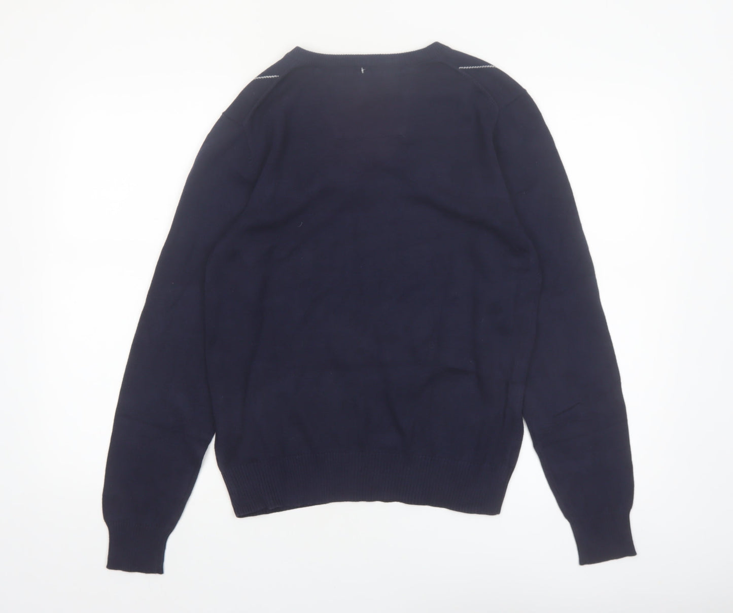 Covington Men's Blue Argyle V-Neck Cotton Blend Jumper Size S